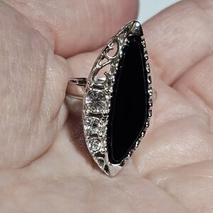 Vintage Emmons Silver Tone Black Rhinestone Clear Rhinestone Adjustable Ring